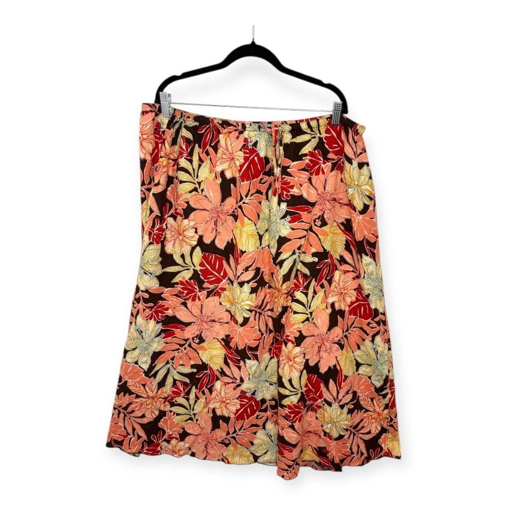 Liz Claiborne Linen Floral Midi Skirt Brown Orange Vacation Boho Preppy 20W